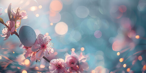 White and blush cherry blossom background with easter   eggs,beautiful aesthetics, festive, celebration, pastel colors