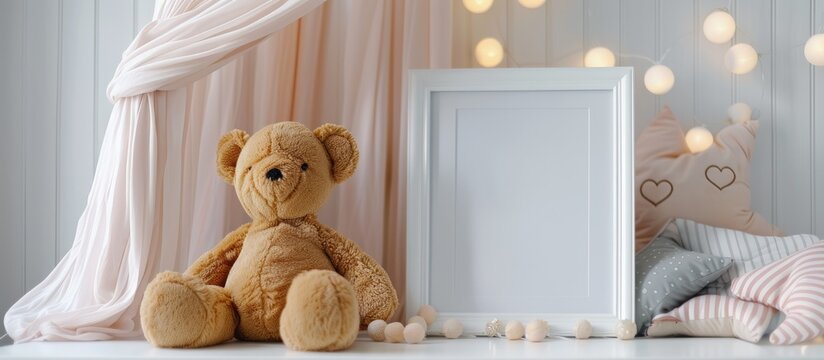 A teddy bear is sitting in front of a white picture frame. The stuffed animal toy seems to be in a playful pose, enhancing the design template for childrens ads.