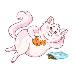 A cute white fluffy cat lies on its side and eats fish crackers. A fat cartoon pet character. Vector illustration isolated on a white background