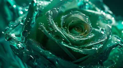 a single emerald rose adorned with crystal-clear droplets in extreme macro, capturing the beauty of dew-kissed petals.