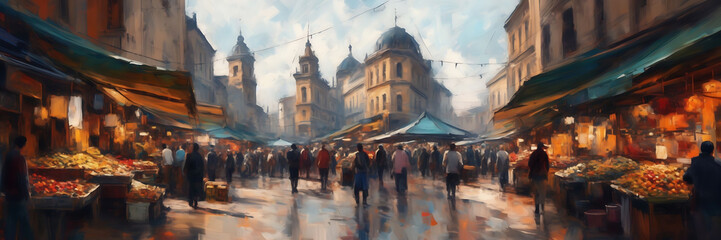 Impressionistic digital painting with loose brushstrokes, capturing the essence of a bustling marketplace.