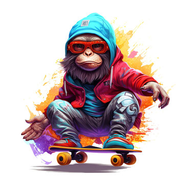 Monkey playing skateboard for Sublimation Printing. Hip hop. Animals. Illustration, Generative AI.