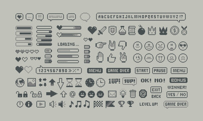 8-bit Game pixel graphics icons. Perfect pixel icons of game props, download bar, office icons, gestures and cursors. Retro Game loot and awards pixel art. Isolated vector	