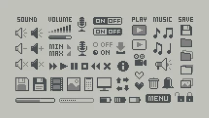 Fotobehang Perfect pixel icons of, media player buttons, computer icons, music notes, sound volume, scale, media. 8-bit Game icons and elements. Retro Game art. Isolated vector © VRTX