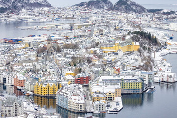 Fototapeta premium The Jugend city Aalesund (Ålesund) harbor on a beautiful cold winter's day. Møre and Romsdal county 