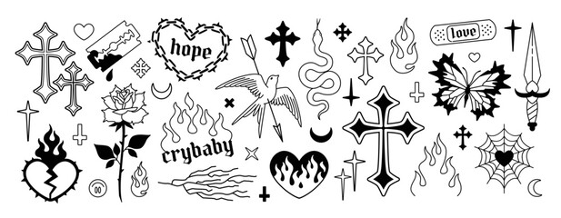 Y2k Gothic Fashion elements set in 2000s style. Y2k Gothic Cross, heart, butterfly, dead bird, dagger, etc. Opium style fashion elements. Gothic tattoo stickers. Printable vector designs - obrazy, fototapety, plakaty