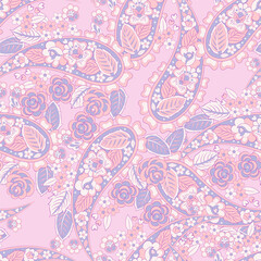 Fototapeta na wymiar Paisley vector seamless pattern. Fantastic flower, leaves. Textile bohemian print. Batik painting. Vintage