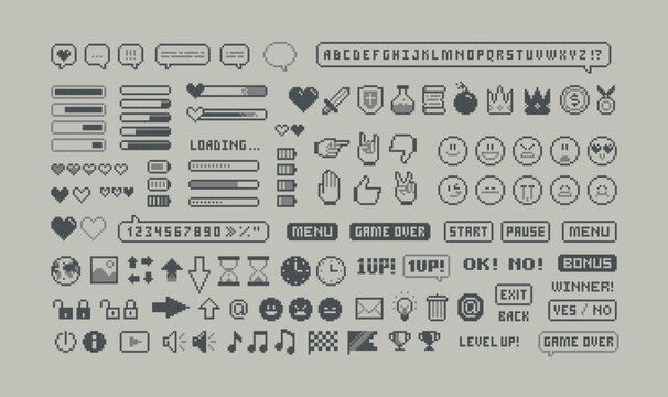 8-bit Game pixel graphics icons. Perfect pixel icons of game props, download bar, office icons, gestures and cursors. Retro Game loot and awards pixel art. Isolated vector	