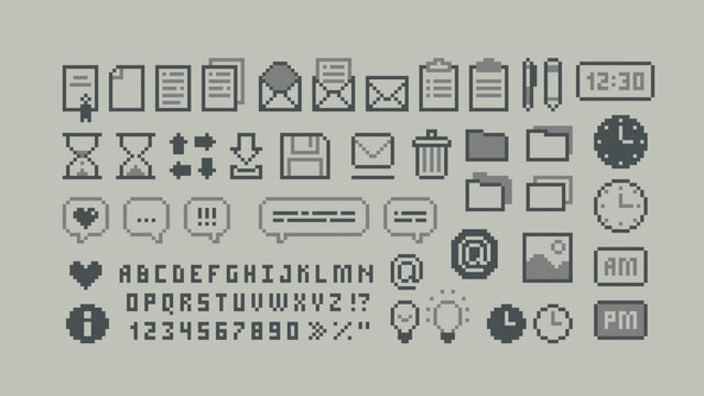 8-bit pixel graphics office icons set. Perfect pixel icons of, letter, folder, pixel font. Office organizer icons set of document, task, letter envelope. Retro game  element. Isolated vector	
