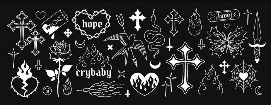 Y2k Goth Fashion elements in 2000s style. Y2k Gothic Cross, heart, butterfly, dead bird, dagger, etc. Opium style fashion print elements. Gothic apparel print design. Printable vector designs