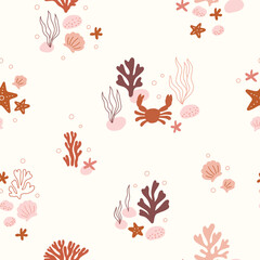 Natural seamless pattern with aquatic creatures, undersea flora and fauna, sea or ocean life. Undersea backdrop with coral, algae, starfish, crab, shells. Flat vector illustration