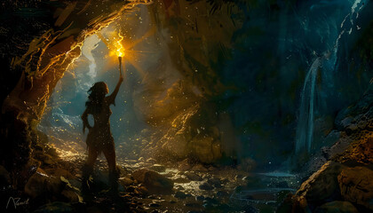 A digital illustration of a female adventurer exploring a mysterious cave holding a torch aloft as  Generative AI