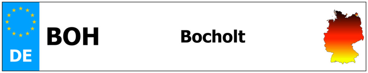Bocholt car licence plate sticker name and map of Germany. Vehicle registration plates frames German number