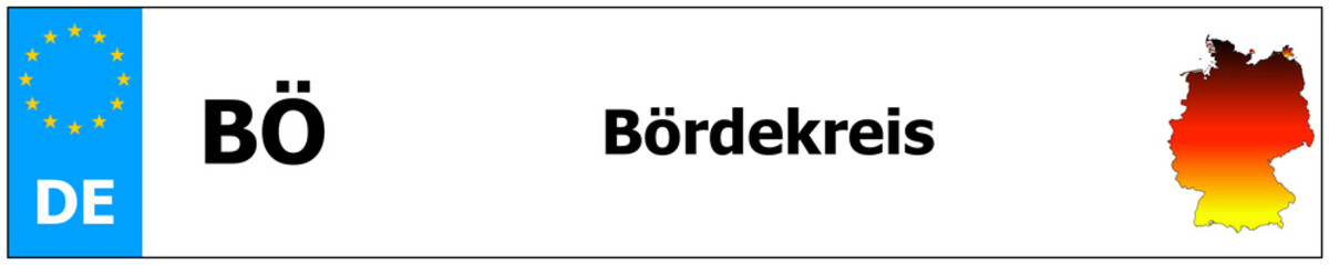 Bördekreis car licence plate sticker name and map of Germany. Vehicle registration plates frames German number