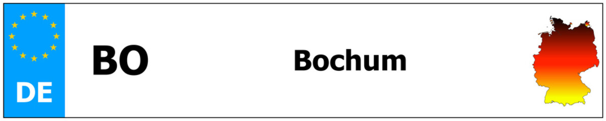 Bochum car licence plate sticker name and map of Germany. Vehicle registration plates frames German number