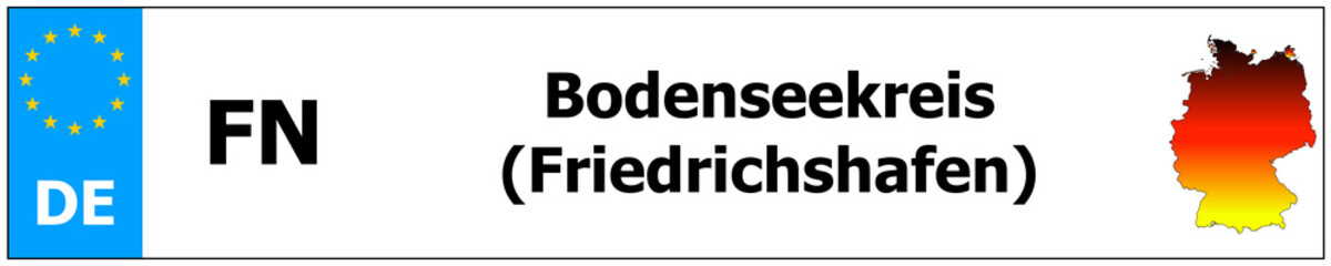 Bodenseekreis (Friedrichshafen) car licence plate sticker name and map of Germany. Vehicle registration plates frames German number