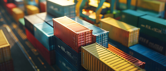A bird's-eye view of a large number of shipping containers. - obrazy, fototapety, plakaty