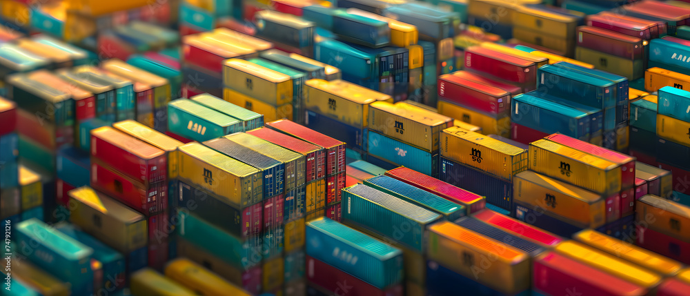 Poster container yard with colorful containers stacked on top of each other. during transportation