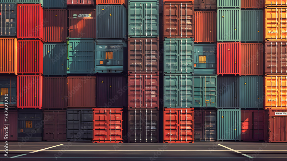 Poster image on a container ship with containers stacked in the harbor.