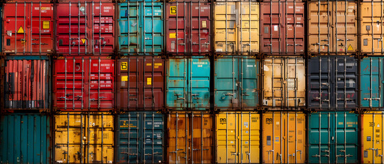 Container cargo freight ship with cargo containers stacked in port, representing the shipping and logistics industry