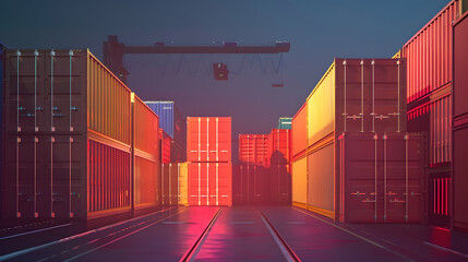 Nighttime Cityscape in Red and Blue with  Industrial Structures, Warehouses