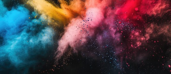 A group of colored powders explosively dispersing in a vibrant cloud against a stark black background, reminiscent of a festive Holi paint celebration. The powders showcase a myriad of bright colors