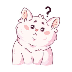 A cute white fluffy cat with a questioning expression on his face. A cartoon character with a question mark. Vector illustration isolated on a white background
