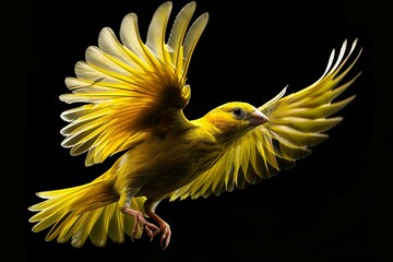 Yellow Canary serinus canaria Adult in fli - obrazy, fototapety, plakaty
