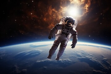 Astronaut at spacewalk. Cosmic art, science fiction wallpaper. Beauty of deep space.