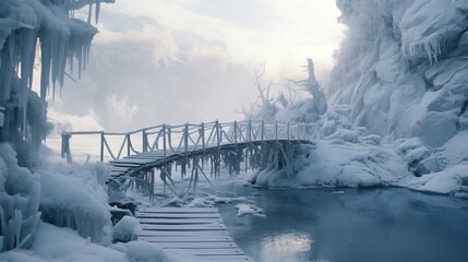 A network of  ice bridges crosses a frozen river, connecting the snow-covered banks and offering a magical path through the winter landscape, creating an enchanting and otherworldly journey in the sno