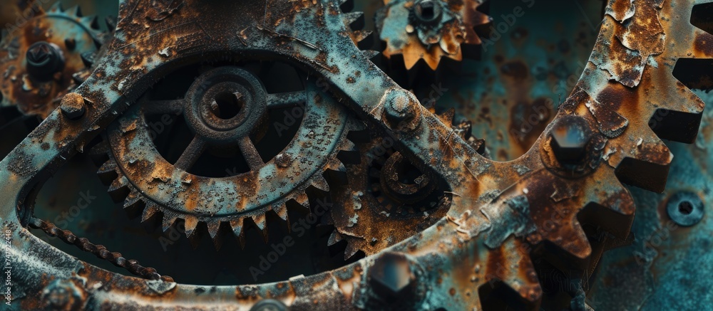 Poster a detailed view of weathered and corroded metal cog wheels, showing the effects of rust and decay up