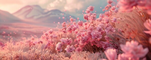 Fototapeta na wymiar Pink flowers, in surreal 3d landscape, soft and dreamy tones, fairy tale Generative Ai 