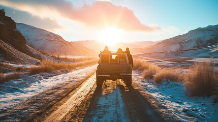 Diverse group of friends enjoys a road trip by car in the mountains, friendship, adventure and travel