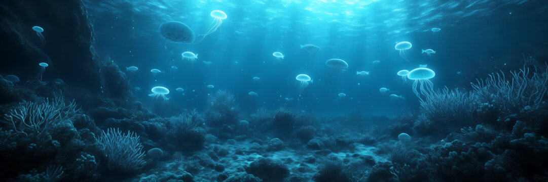 Underwater scene with bioluminescent creatures, rendered in a detailed and realistic style.