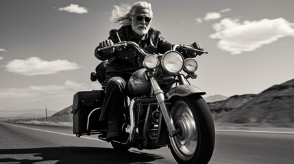 An elderly motorcyclist sitting on his motorcycle.