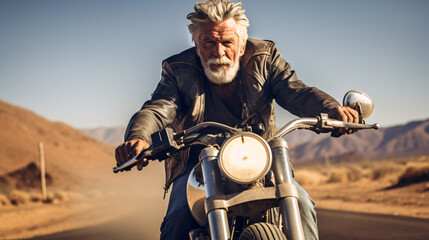 Fototapeta na wymiar An elderly motorcyclist sitting on his motorcycle.