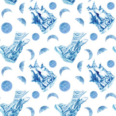 Watercolor seamless patterns with blue icebergs and magic moons for template, clipart for winter holidays, Earth Day, Marine and Ocean life, for scrapbook, stickers, cards, borders, frames