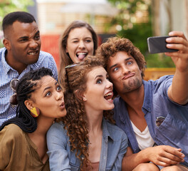 Friends, happy and crazy selfie on campus for comedy, care and profile picture to update on social...