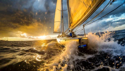 Küchenrückwand glas motiv Bottom view of a modern sailing boat braving the waves of a wild stormy sea, in the background dramatic sky with storm clouds at sunrise or sunset. Generative Ai. © Alberto Masnovo