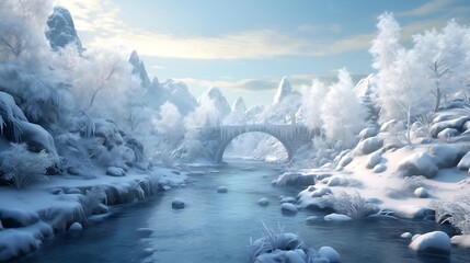 A network of  ice bridges crosses a frozen river, connecting the snow-covered banks and offering a magical path through the winter landscape. 
