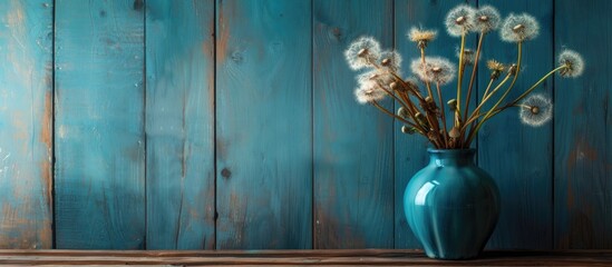 A blue vase sits on a rustic wooden surface, brimming with a multitude of white flowers. The contrast between the blue vessel and the white blooms creates a striking visual impact.
