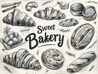 Hand-drawn collection of Croissants and bread background - obrazy, fototapety, plakaty