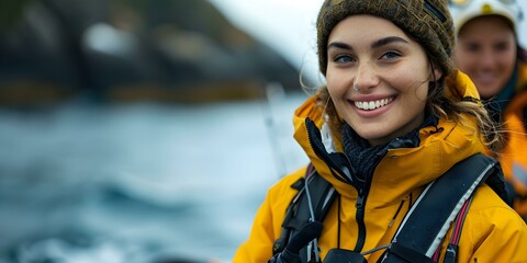 Joyful woman in marine gear shares findings with team of scientists. Concept Oceanography Research, Marine Biology, Team Collaboration, Scientific Discoveries, Joyful Discoveries