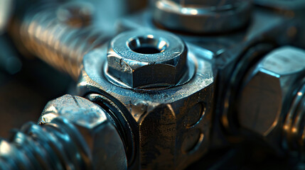 Fototapeta na wymiar Metal machine nuts macro. Nuts and bolts closeup