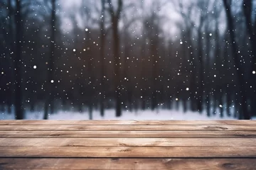 Fototapeten Empty old Wooden table in front of winter snowstorm landscape blurred background сreated with Generative Ai © Andrii Yablonskyi