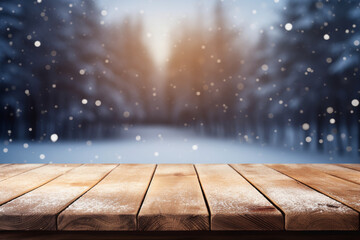 Empty old Wooden table in front of winter snowstorm landscape blurred background сreated with Generative Ai