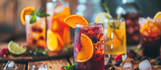 A table is covered with glasses filled with an assortment of different types of drinks, showcasing the diverse range of options available.