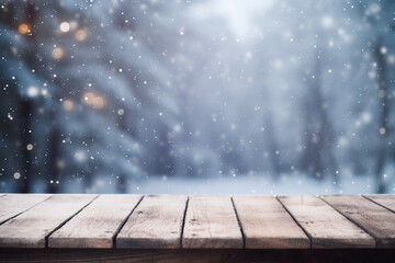 Naklejka na ściany i meble Empty old Wooden table in front of winter snowstorm landscape blurred background сreated with Generative Ai