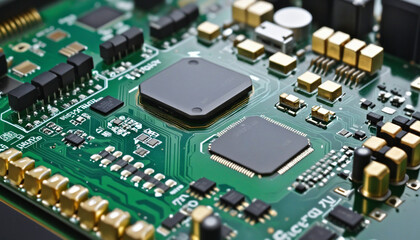Chip and microchip on an electronic board with technological components - obrazy, fototapety, plakaty