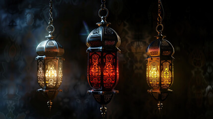islamic lanterns hanging on dark background. ramadan kareem holiday celebration concept